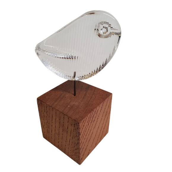 Glass Bird on Wooden Block Figurine - 4" - Picture 1 of 3